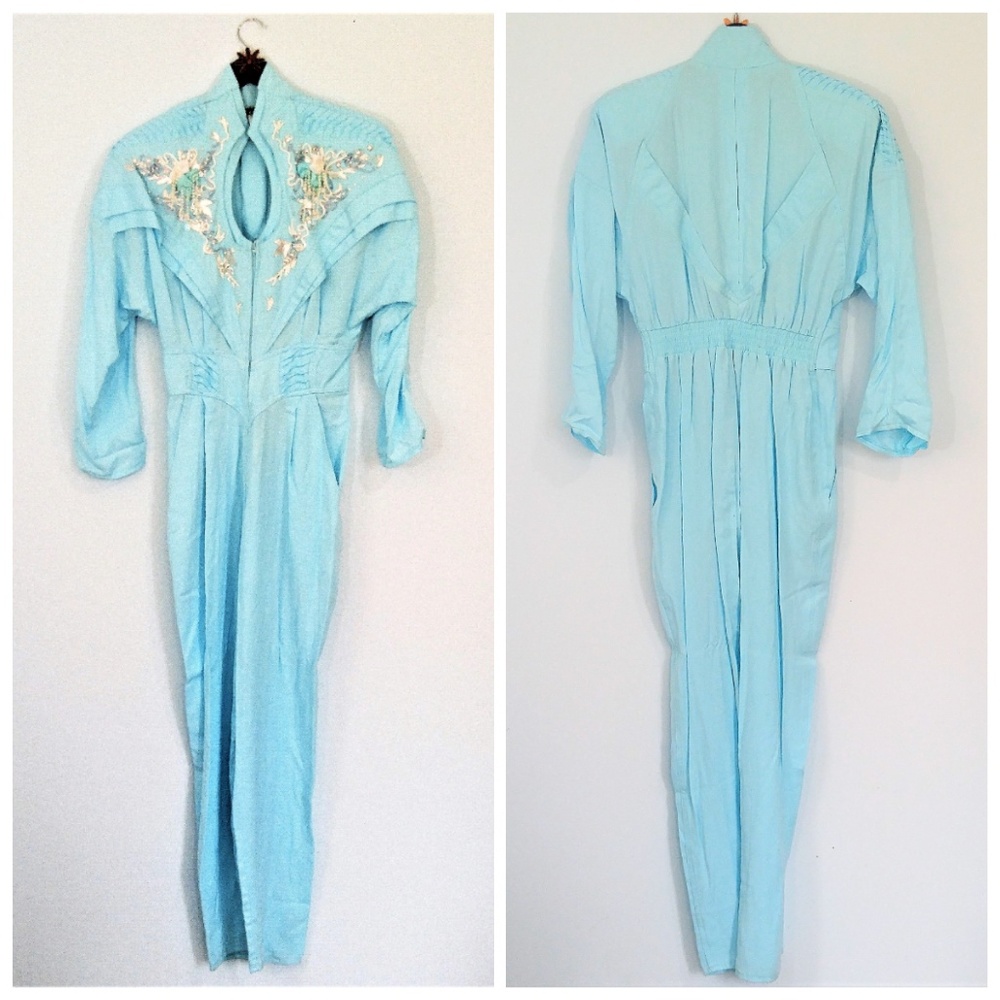 Vintage 80s Bedazzled Aqua Blue Unique Jumpsuit
